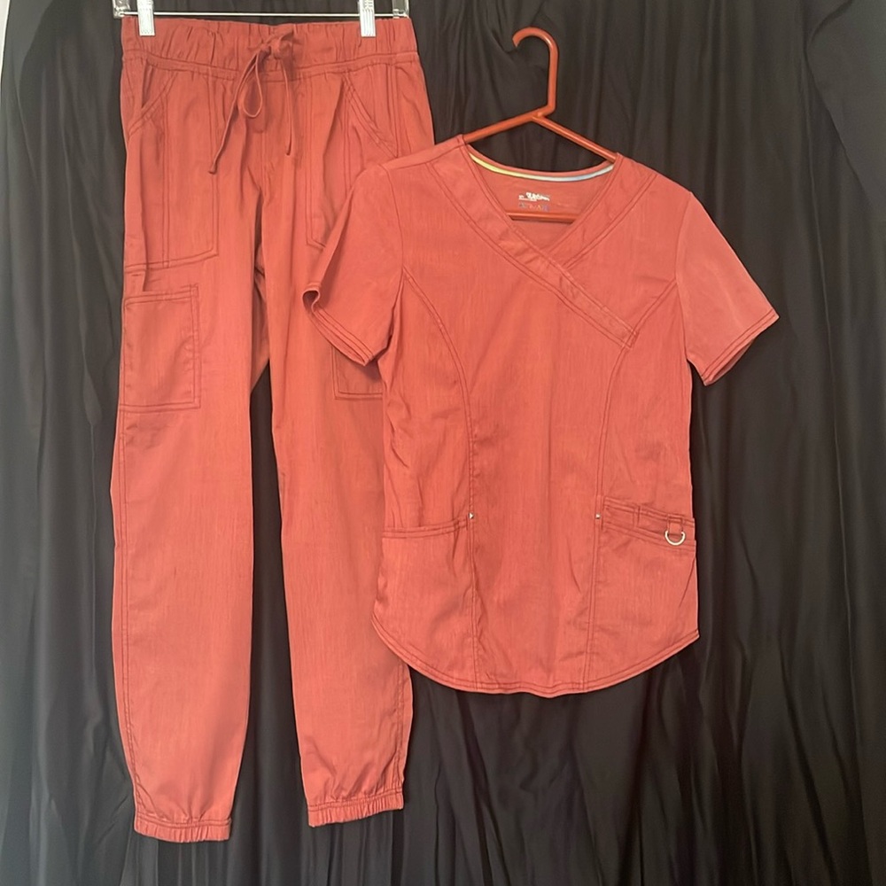 Scrubstar scrubs top and bottom both are small, rustic red color, gently used